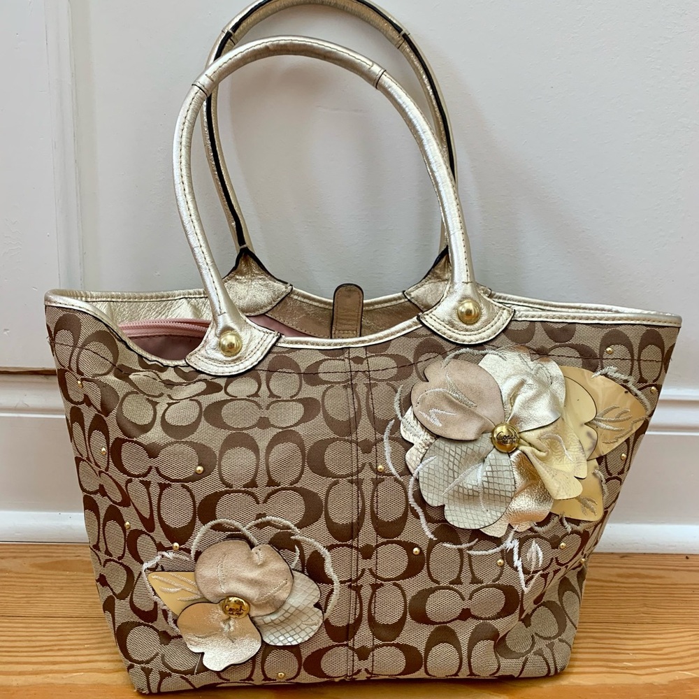 Coach Brown and Cream Monogram Tote with Gold Hardware